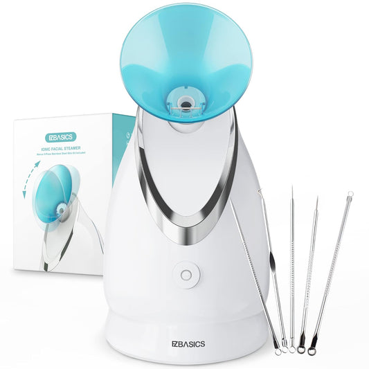 EZBASICS Nano Ionic Facial Steamer – Professional Deep Pore Cleansing Face Steamer with Skin Kit (Blue)