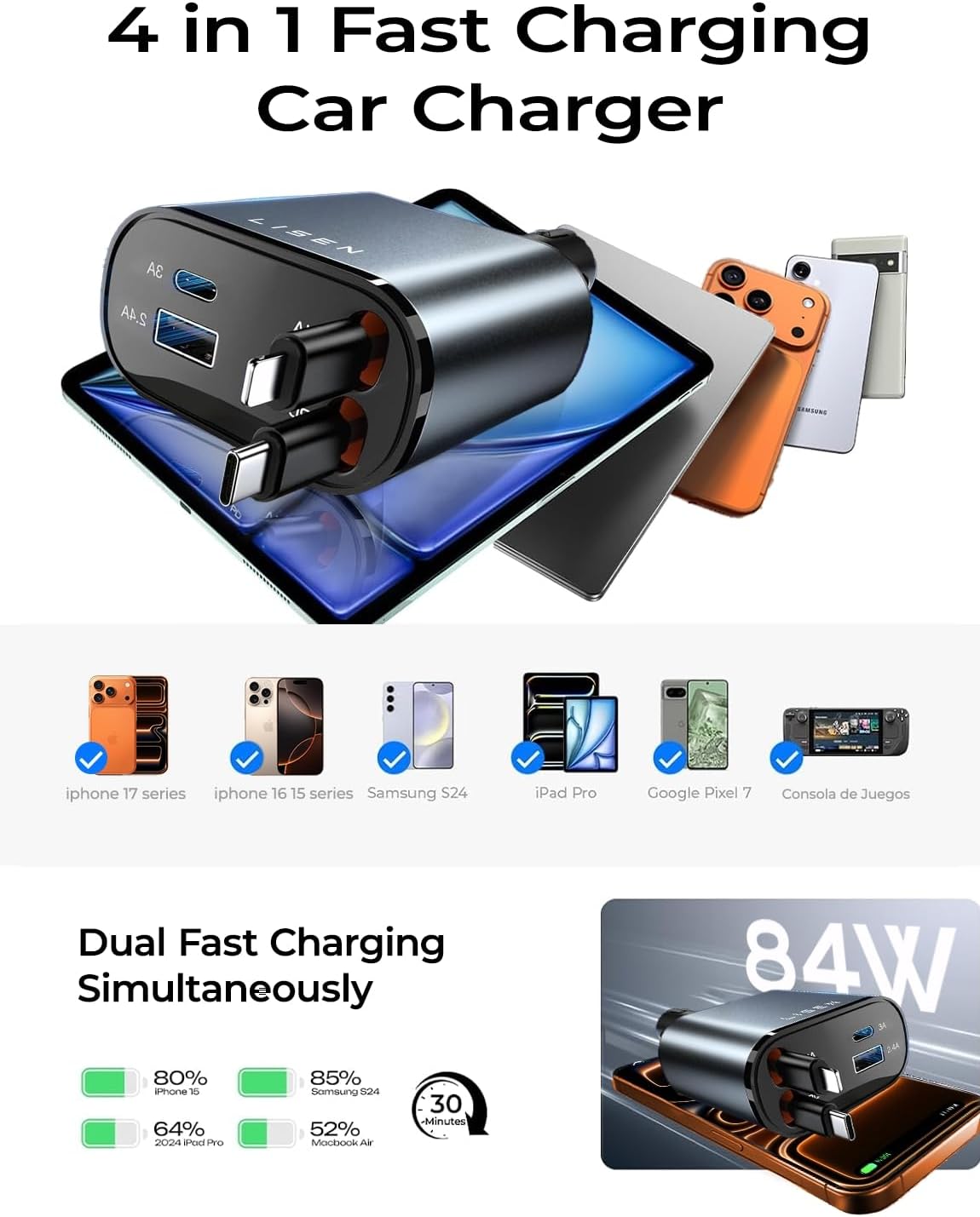LISEN Retractable Car Charger, Gifts for Men Women, 84W Car Adapter USB C Fast Charger for iPhone