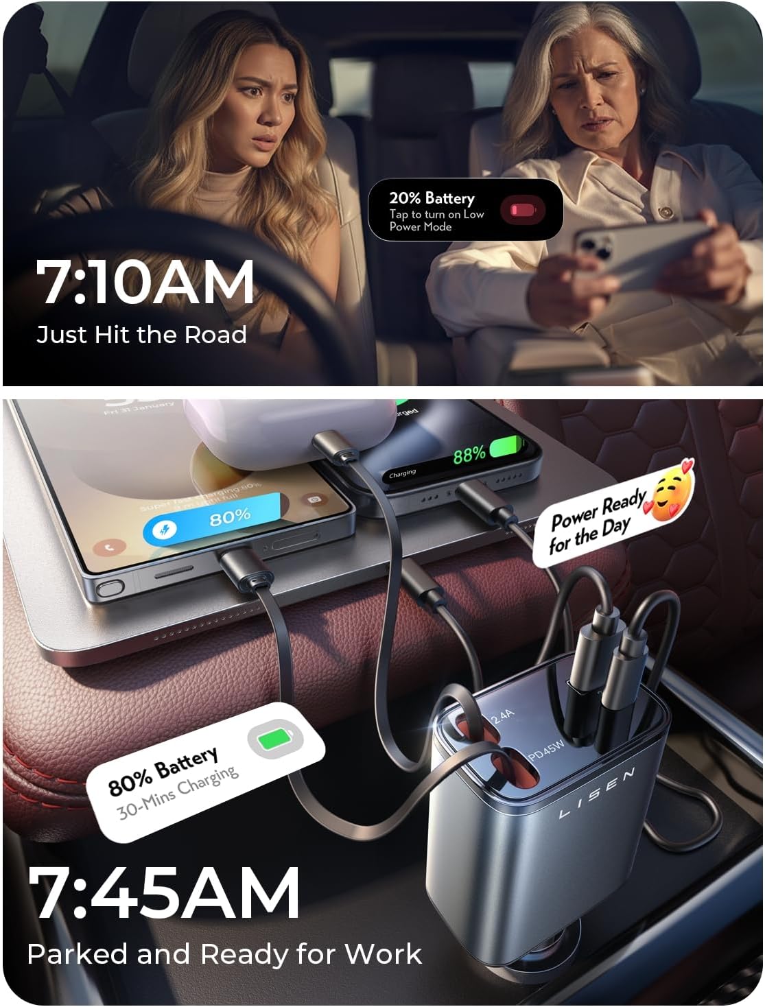 LISEN Retractable Car Charger, Gifts for Men Women, 84W Car Adapter USB C Fast Charger for iPhone
